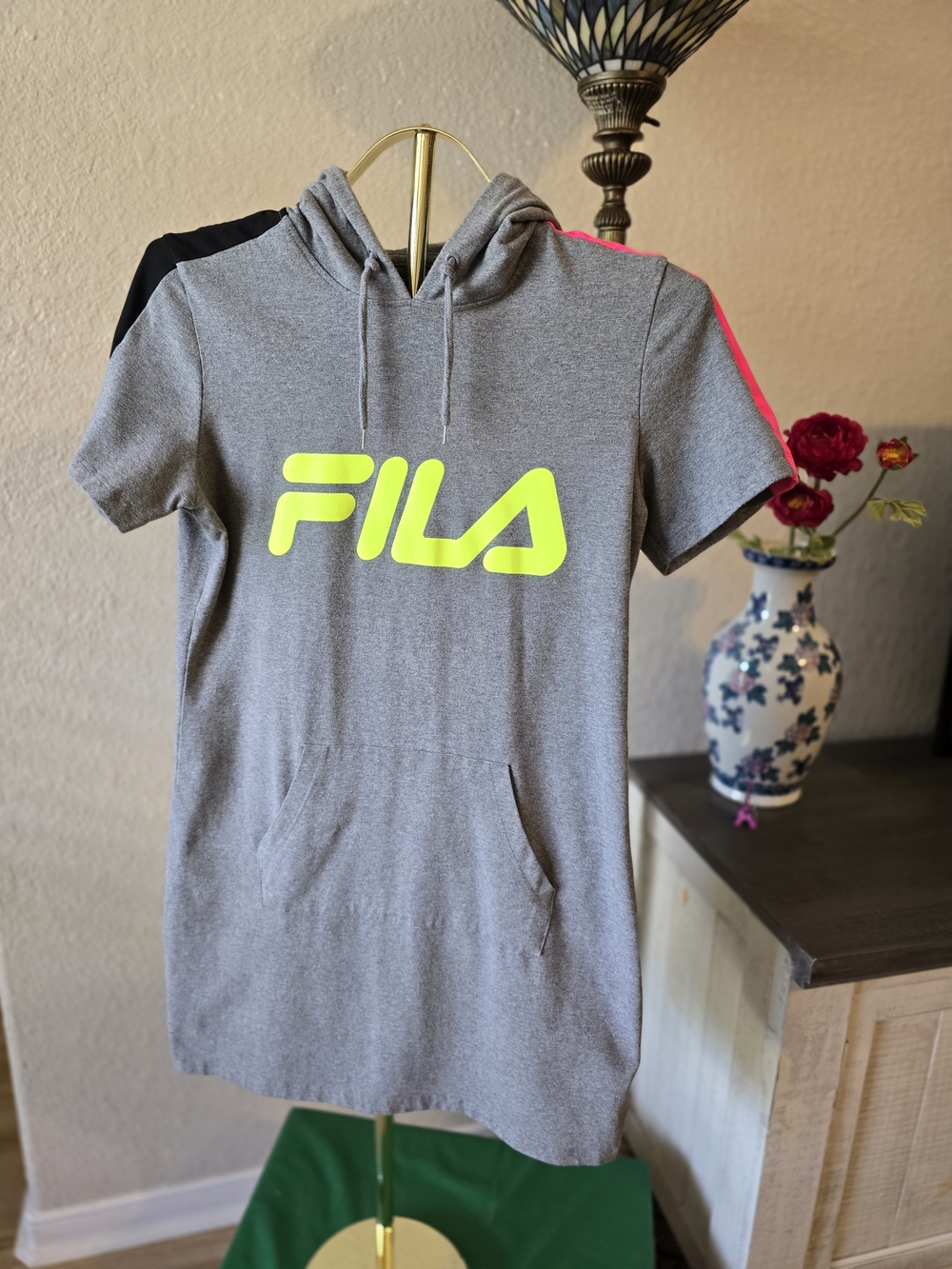 Fila Short-Sleeve Gray Hoodie Dress with Neon Logo